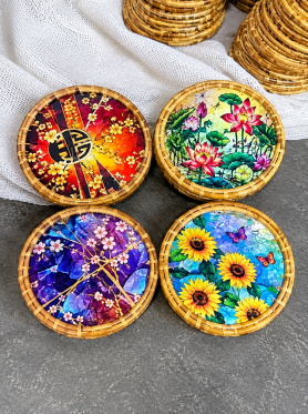 Lót ly mây tròn họa tiết 10cm - Coasters
