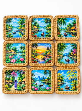 Lót ly mây vuông họa tiết 10cm - Coasters