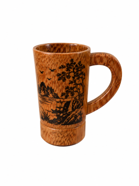Cốc gỗ dừa khắc hình có quai 11.5cm - Cup