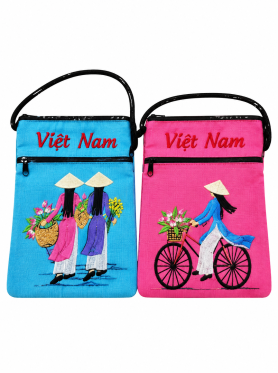 Túi đeo chéo thêu hình áo dài Việt Nam (vải đay) - Bags