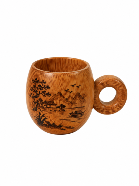 Cốc gỗ dừa khắc hình có quai 6.5cm - Cup