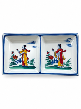 Bát Tràng đĩa gia vị vẽ hoạ tiết 2 ngăn 6.5x12cm - Plates