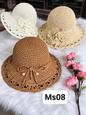 Mũ cói vành nhỏ viền dây đính hoa - Hats