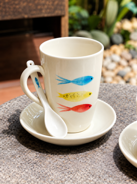Bát Tràng bộ cốc vẽ hoạ tiết 350ml (thìa,đĩa lót) - Cups