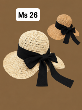 Mũ cói vành rộng thắt nơ vải (vành cong phía sau) - Hats
