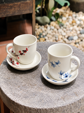 Bát Tràng bộ cốc vẽ hoạ tiết 280ml (thìa,đĩa lót) - Cups