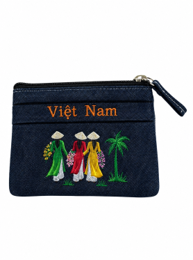 Ví cầm tay thêu cô gái áo dài Việt Nam (3 dây kéo) - Bags