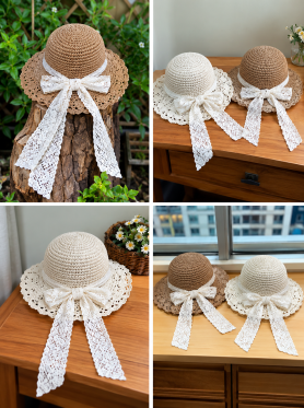 Mũ cói vành cụp thắt nơ ren - Hats
