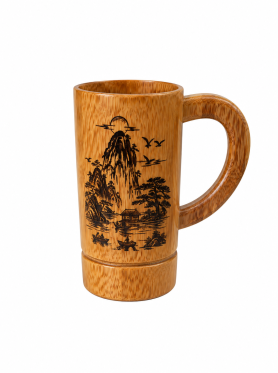 Cốc gỗ dừa khắc hình có quai 13.5cm - Cup