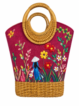 Túi xách thêu hoạ tiết quai mây tròn - Bags